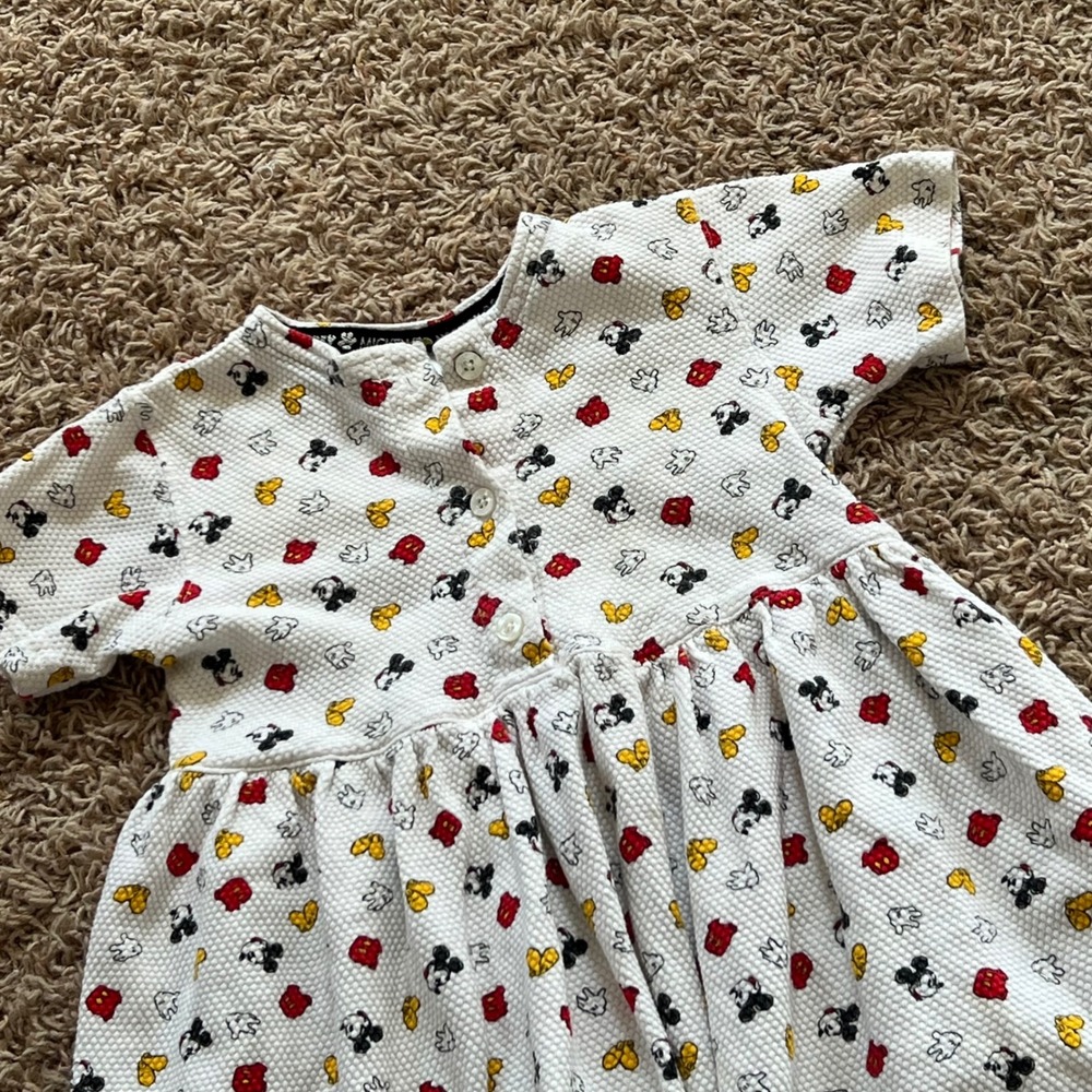 Vtg Jumping Beans Disney Mickey Mouse Girls White Waffle Knit Button Front Dress